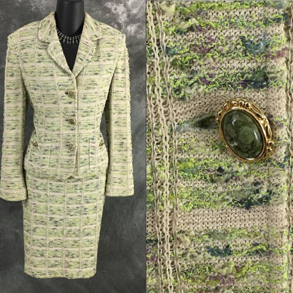 BEAUTIFUL St John couture knit green multi jacket skirt suit size 4 6